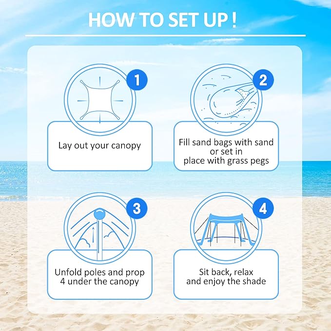 Beach Tent Sun Shelter with UPF 50+ UV Protection, Beach Canopy Sun Shade 11x11 FT with Sandbags, Poles and Ground Pegs and Anti-Wind Ropes, Pop Up Tent for Camping, Backyard and Picnics