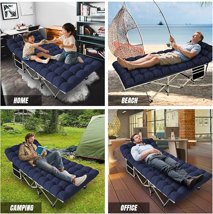 YELLOW JACKET Folding Camping Cot with Mattress, Upgraded 32" Wide Cot for Camping, Folding Sleeping Cot with Carry Bag, Camping Cots for Adults Idea for Home, Office & Travel (Blue)