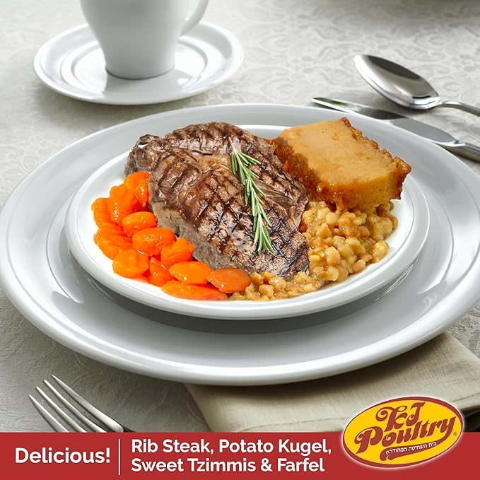 KJ Poultry Kosher Ready Meals - Beef Rib Steak & Kugel, MRE Meat Meals Ready to Eat, Shabbos Food (2 Pack) Prepared Entree Fully Cooked, Shelf Stable Microwave Dinner Travel Military Camping Survival