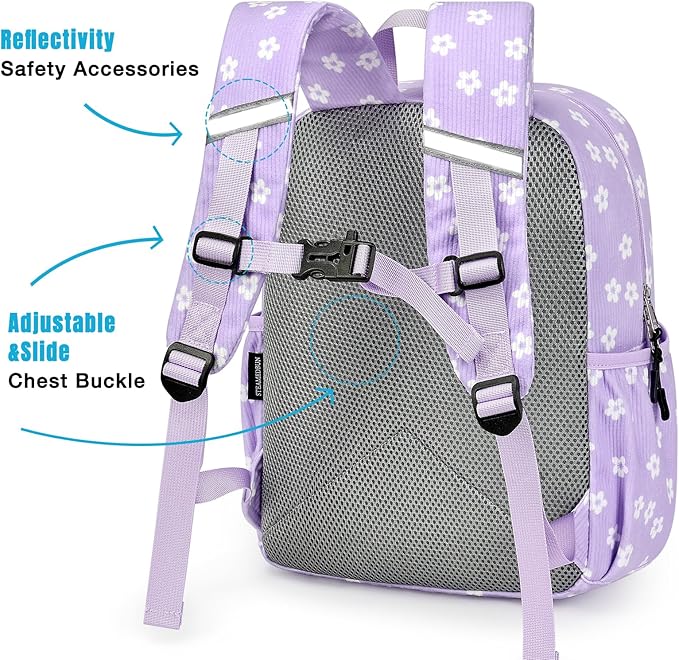 STEAMEDBUN Corduroy Kids Backpack for Girls Boys 3-8, Girls Backpack for Elementary Kindergarten - Purple Floral