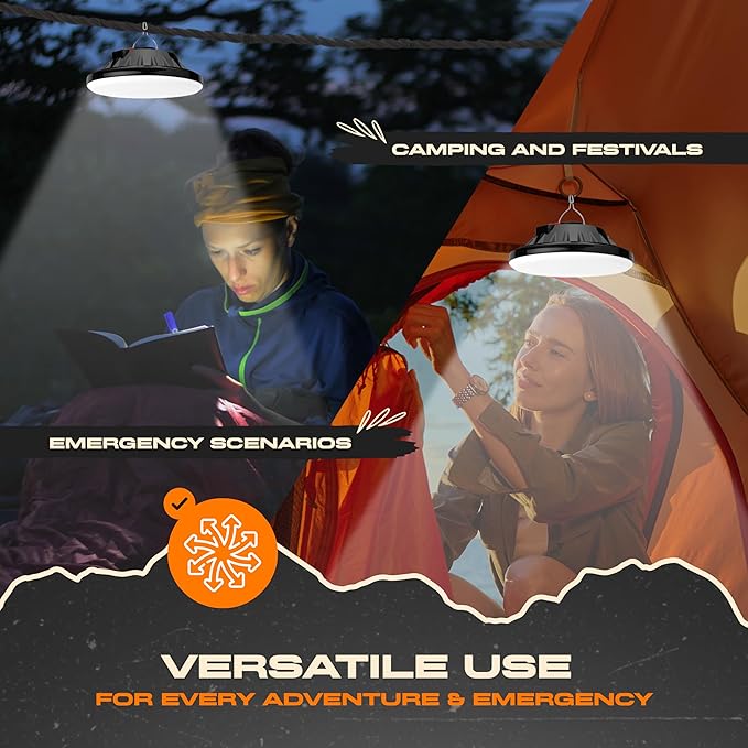 2 Pack Tent Lights for Camping - Solar Powered, Rechargeable USB, 3 Brightness Levels, Remote Control - Splash Proof IP44 Rated ABS Water Resistant Canopy LED Lights with Chrome Hook