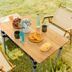 Bamboo Folding Camping Table 4 Folds with Adjustable Aluminum Legs Portable Picnic Table with Storage and Carry Bag for Outdoor Hiking Beach 2-4 Person