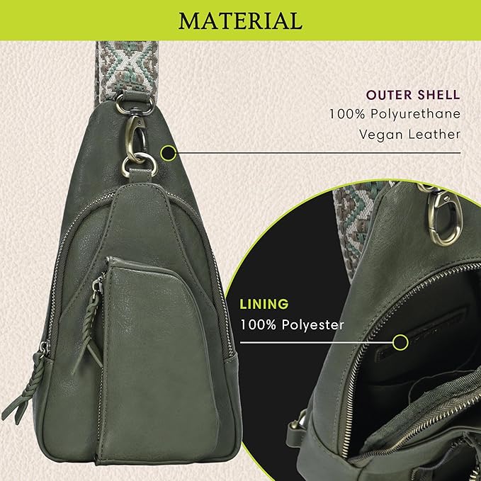 Antik Kraft Tasha Webbing Strap Sling (Moss) | Vegan Leather Crossbody Bag for Women with 16-20" Strap | Sling Bags for Women with Durable Antique Brass Hardware | 7in x 2.5in x 12.5in |