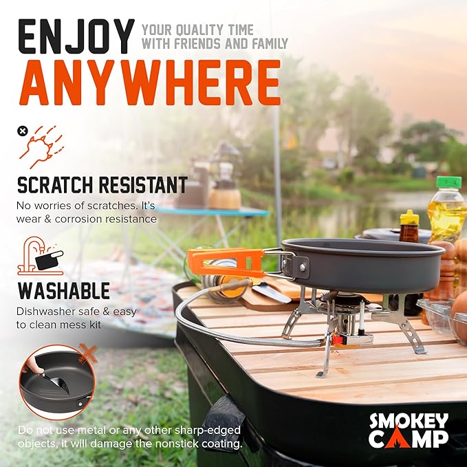 Camping Cookware Mess Kit Set with Stove - Backpacking Camping Pots and Pans Set, All in One Non-Stick Camping Cooking Set, Portable Stove, Hiking, Picnic, Outdoor & Camping Cookware Set