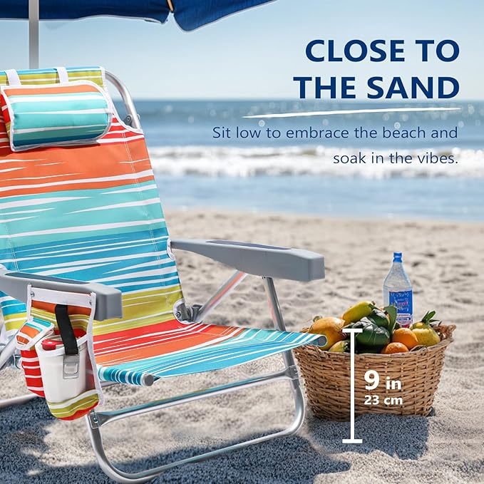 5-Position Aluminum Lay Flat Backpack Beach Chair, Compact Portable Low Beach Chairs for Adults with Cooler Pouch, Storage Pouch, Towel Bar, Cup Holder & Phone Holder, Multicolor Stripe