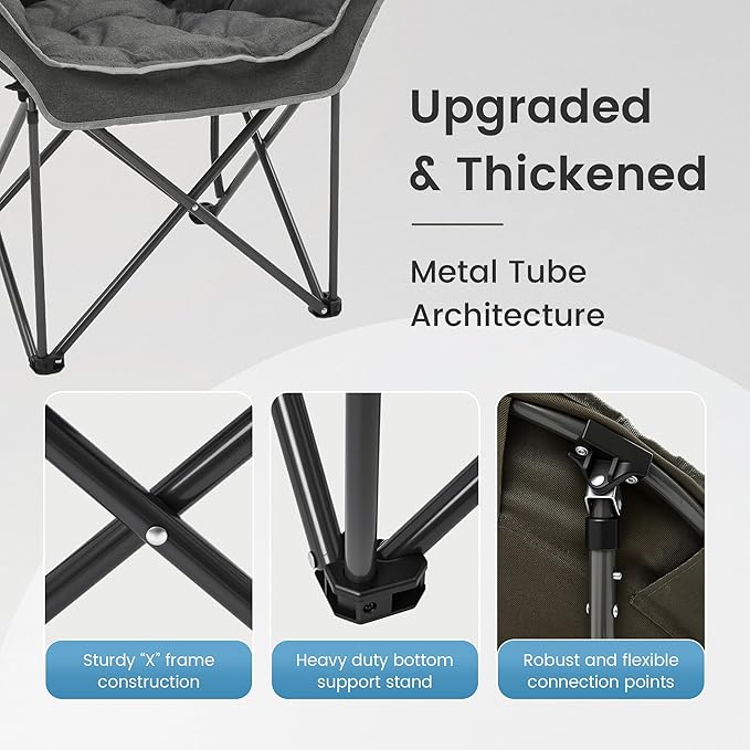 OUTDOOR LIVING SUNTIME Oversized Padded Comfy Camping Chair with Removable Footrest， Weight Capacity 400 LBS, Heavy Duty Moon Round Leisure Folding Chair for Camping, Hiking, Carry Bag, Gray
