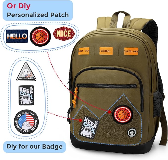 Swissdigital Design Big Student Laptop Backpack with Fun Personalized Patches For College Boy & Girl, Middle High School Teen Bookbag Cool Travel Daypack Olive - Includes 3 Patches | SD1718-26
