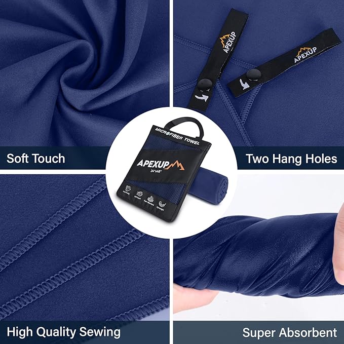 APEXUP Microfiber Travel Towel, Ultra Absorbent Quick Dry Towels, Lightweight Gym Sports Camping Towel for Workout, Yoga, Beach, Shower, Swimming (60"×30", Navy Blue)