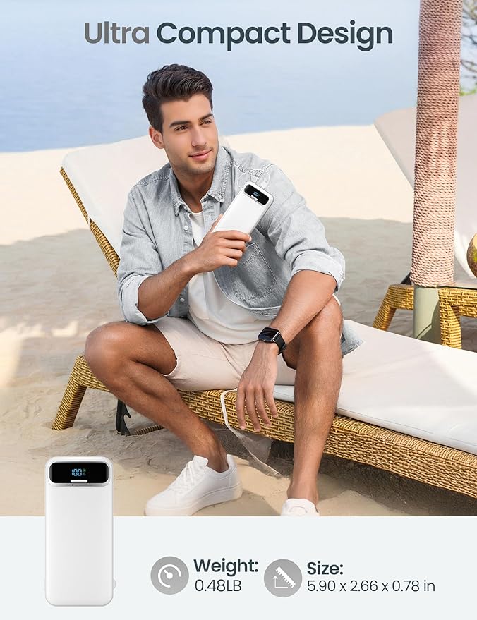 12000mAh Lightweight-Portable-Charger-Power-Bank with Built-in Cables and AC Wall Plug, PD20W USB-C Fast Charging Battery Pack, LED Display External Travel Phone Charger for All iPhone,Samsung,Android