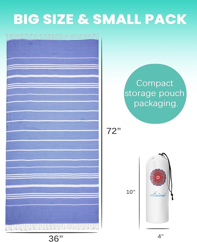 4 Pack Turkish Beach Towels Vacation Essentials with Bag Quick Dry Sand Free Soft Absorbent Adult Bath Pool Swim Long Wide Stripe Towel Cloud Linen Sandfree Mat Summer Thing Lightweight Travel Blue
