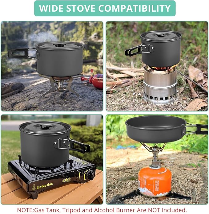 VinTeam 21pcs Camping Cookware Mess Kit with Folding Camping Stove, Lightweight Pot Pan Kettle Set with Stainless Steel Cups Plates Forks Knives Spoons for Camping Backpacking Outdoor Picnic