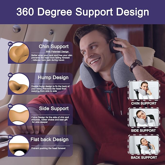 napfun Neck Pillow for Traveling, Upgraded Travel Neck Pillow for Airplane 100% Pure Memory Foam Travel Pillow for Flight Headrest Sleep, Portable Plane Accessories, Light Grey