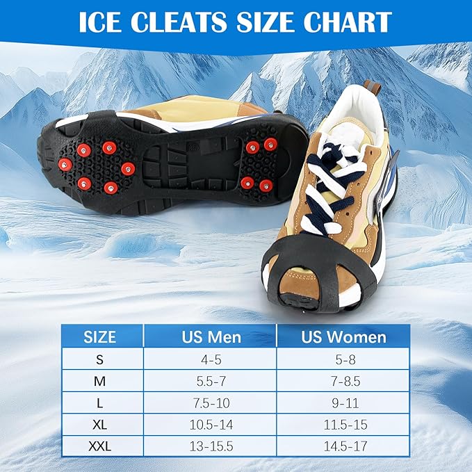 Anti Slip Ice Cleats, Ice Snow Traction Cleats for Walking on Snow and Ice, 10 Steel Studs Crampons, Ice Snow Grips with Extra 20 Replacement Studs for Shoes and Boots