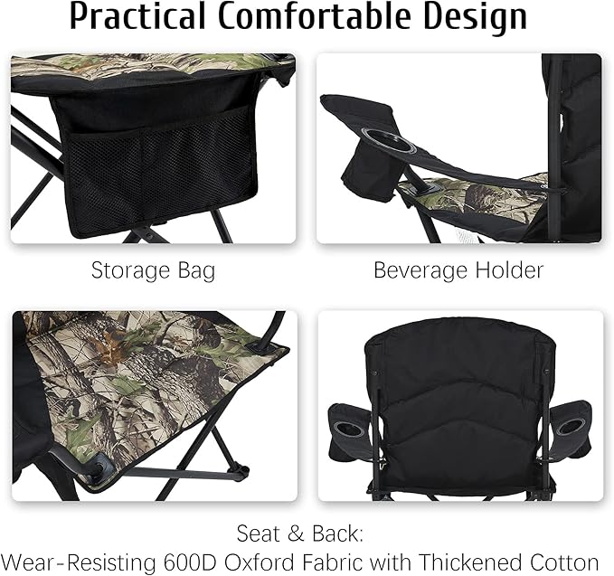 Oversized Camping Chair Folding Heavy Duty Quad Outdoor Large Lawn Chairs Portable Support 400 lbs Padded Thicken Oxford with Armrests, Storage Bag, Cup Holder, Carry Bag for Outside(Camo)