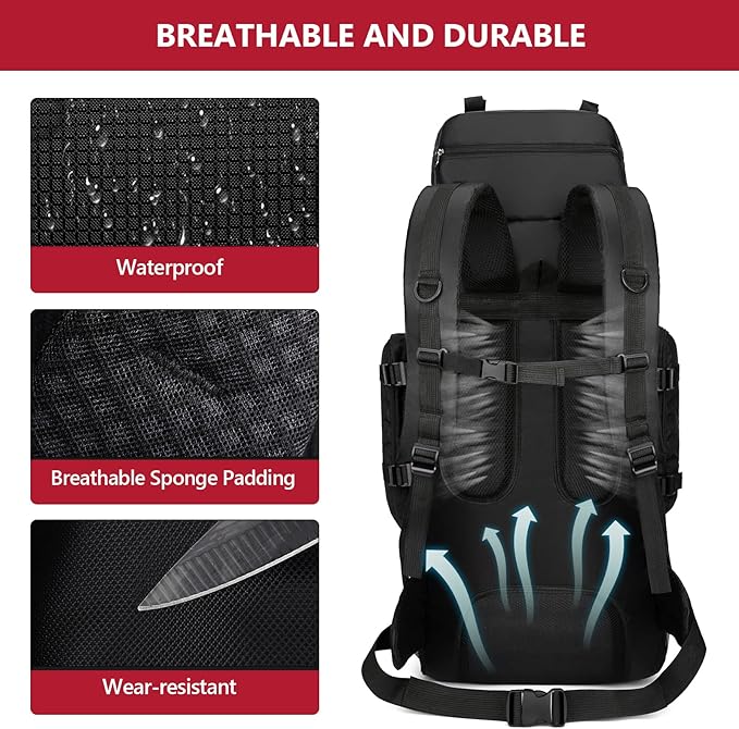 90L Hiking Backpack, Camping Travel Backpack with Rain Cover Lightweight Travel Daypack for Climbing Camping Touring (Black)