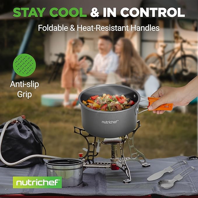 NutriChef Camping Cookware Set - Lightweight Nonstick Pots, Pans, Utensils, Bowls, Cutlery, and Cleaning Tools with Mesh Bag, Foldable Handles, Compact Outdoor Cooking Gear for Hiking & Travel (Grey)