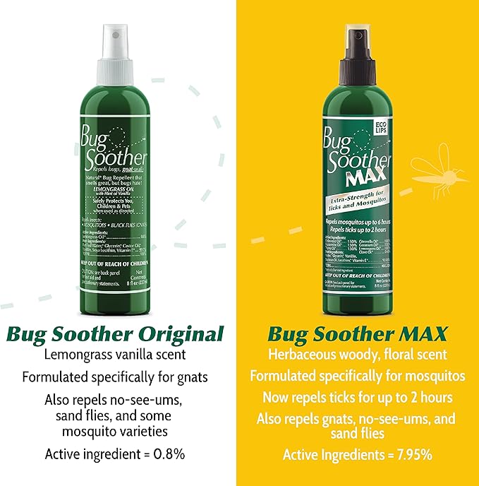 Bug Soother MAX - Extra Strength Natural Gnat, Tick, and Mosquito Repellent, 2 Pack 8 fl oz w/Free 1 oz. DEET-Free Bug Spray Deterrent - Safe for Adults & Environment - Made in USA