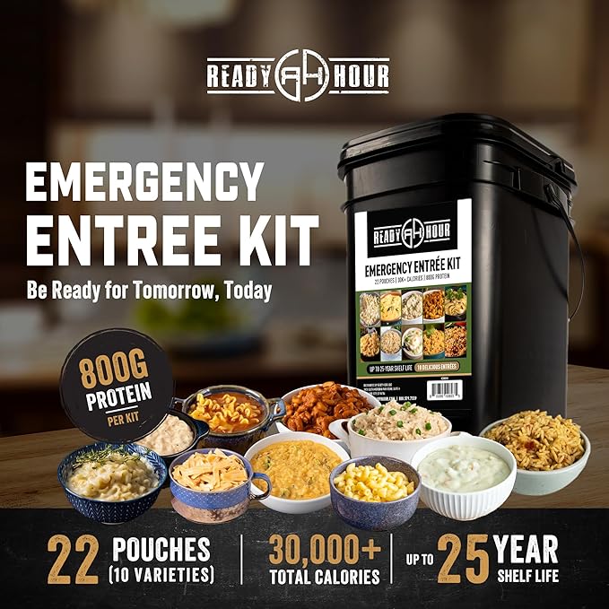 Ready Hour 120 Serving Entree Bucket-Freeze Dried Emergency Food Supply-Survival Meals with Long Shelf Life-Prepper Essentials for Disaster, Camping, Hiking, or Outdoor Use