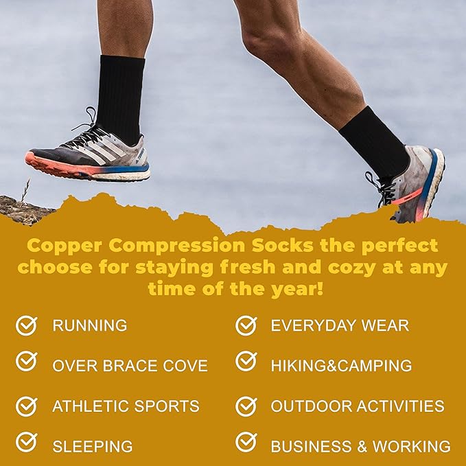 FOOTPLUS Hiking Copper Compression Socks,Unisex Cushioned Sole Arch Support Athletic Crew Running Socks