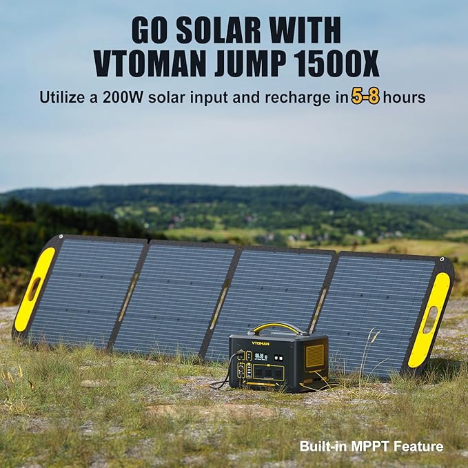 VTOMAN Jump 1500X Portable Power Station with 200W Solar Panel, 1500W/828Wh LiFePO4 Battery Solar Generator with 1500W Constant-Power, PD 100W Type-C, Capacity Expandable for Camping, Home Backup