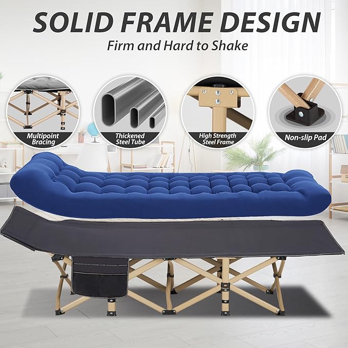 Folding Camping Cot for Sleeping, Portable Cots for Adults, Heavy Duty Cot Bed 550LBS(Max Load), Extra Wider Cots with Large Pocket for Outdoor, Office, Beach