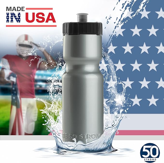 50 Strong Sports Water Bottles – Reusable 22 oz BPA-Free Plastic Bottles with Pull Top Cap – Made in USA – Top Rack Dishwasher Safe – Fits Most Bike Cages Brand