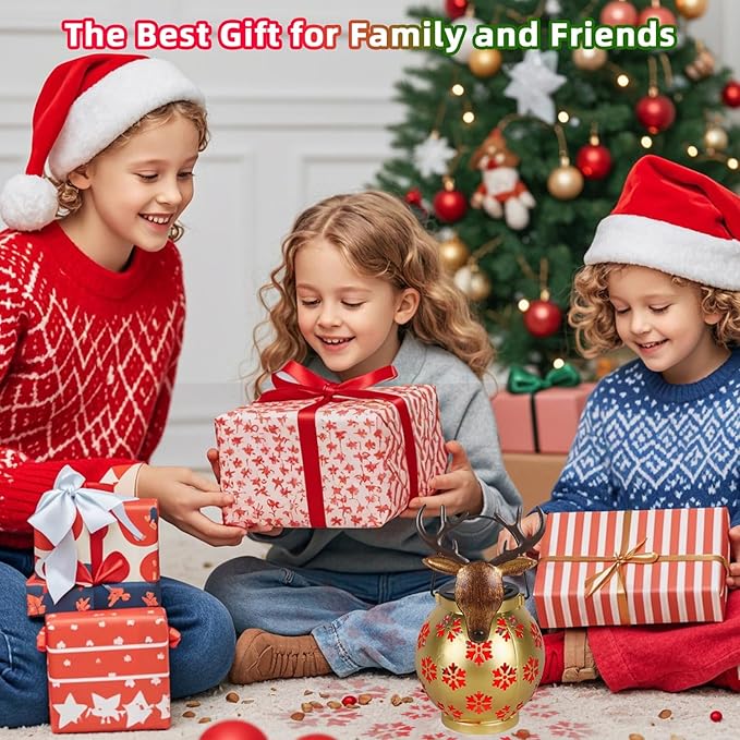 Gold Deer Christmas Lanterns Outdoor with LED Light and Hollow Snowflake Solar Reindeer Christmas Decorations Outside for Garden Patio Yard Porch Art Decoration