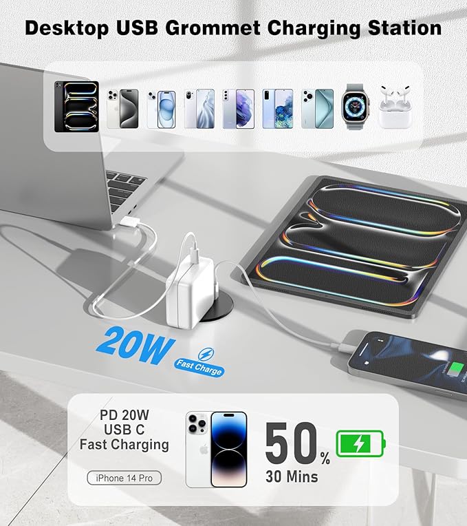 Desk Grommet Power Outlet, 2.5 inch Desktop Recessed Outlet with 20W Fast Charging USB-C Port, Flush Mount Outlet for Conference Rooms, Office Tables, Furniture (Black, 6FT)