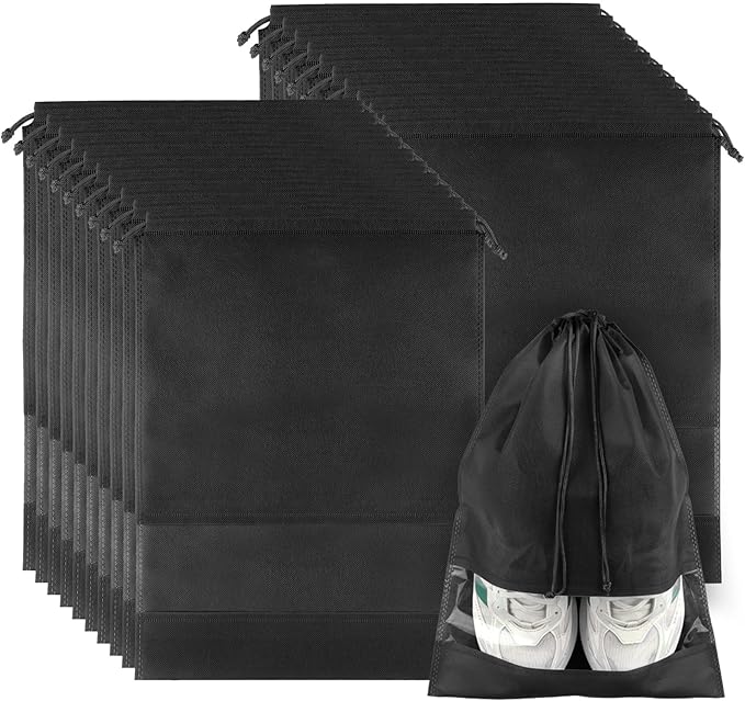20 Pack Shoe Bags for Travel, Large Travel Shoe Bags for Packing with Clear Window, Dustproof Drawstring Travel Shoe Storage Bags Travel Essentials for Men & Women, Black (20, Black)