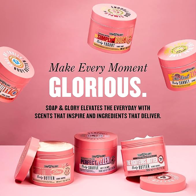 Soap & Glory Star Treatment Skin Care Set - Includes Hand Food Hand Cream, The Righteous Body Butter Cream, Clean on Me Shower Gel & Face Soap and Clarity Vitamin C Facial Cleanser (4 Pieces)