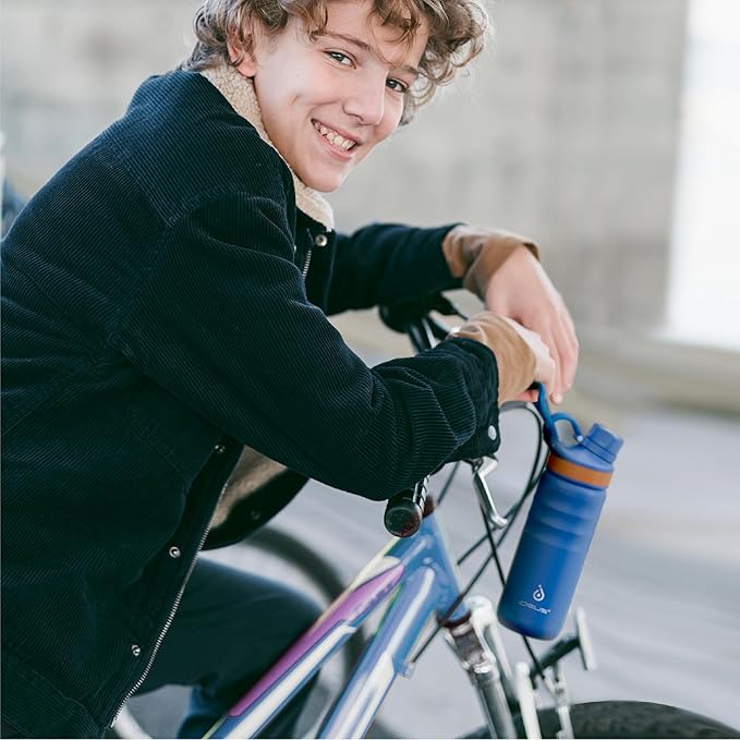 IDEUS Insulated Stainless Steel Water Bottle with 2 Leak-Proof Lids, Thermal Water Flask for Hiking Biking, 18oz, Bright Blue