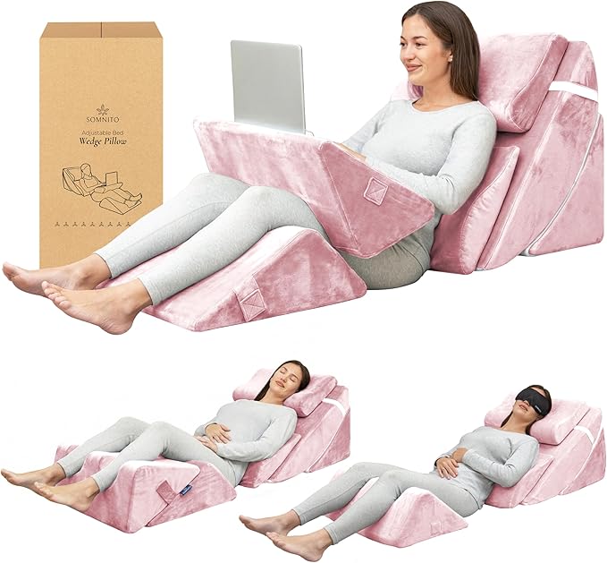 6pc Adjustable Orthopedic Wedge Pillow Set – Relieve Acid Reflux, Snoring, Back Pain & Post-Surgery Discomfort (Pink)