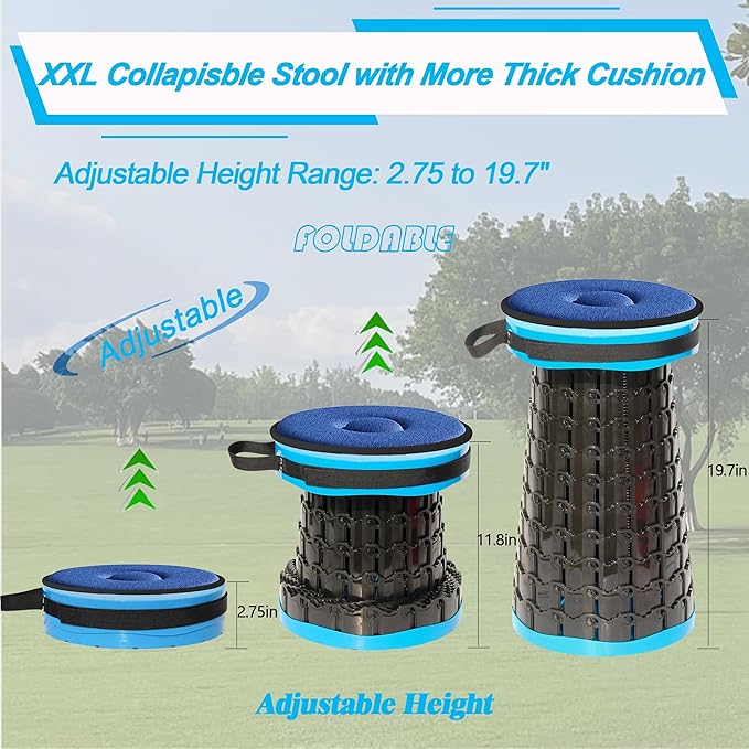 ALEVMOOM 2025 Upgraded XXL Collapsible Stool with Cushion 19.7",1000lbs Max Weight,Wider & Taller Pop Up Seat, Heavy Duty Portable Retractable Folding Chair or Travel Foot Rest for Camping & Outdoors