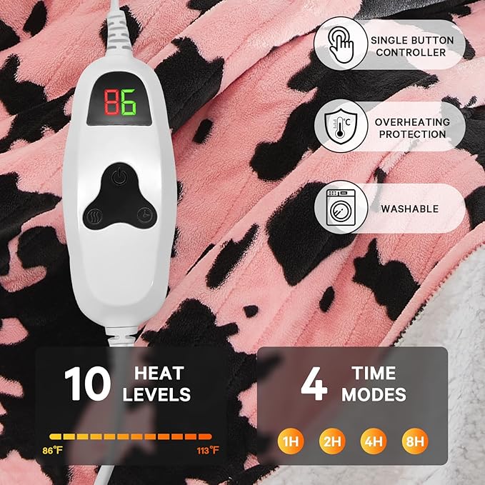 Cow Print Heated Electric Blanket Throw,50X60 Light Pink Heating Blanket with 10 Heats Levels & 8 Hours Auto Off,Highland Cow Stuff Fleece Sherpa Blankets Warmer Gifts for Women Adults Washable,ETL
