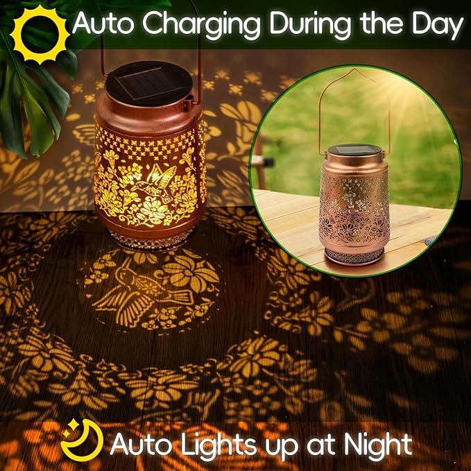 Boho Solar Lanterns Outdoor 2 Pack - Birthday Gifts for Women Mom Grandma Metal Hanging Solar Powered Unique Garden Decorative LED Lights (Fengming)