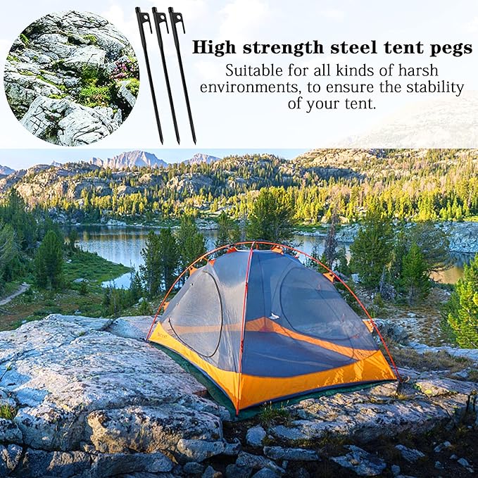 12 Pack Tent Stakes Heavy Duty, Metal Tent Stakes, Black Camping Stakes, Steel Tent Spikes, Canopy Stakes, Tent Pegs for Car Camping, Yard Decoration, Tarp, Shade Tent, Picnic