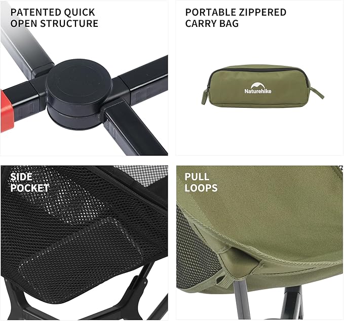Naturehike YL01 Snap Camping Chair, 1 Second Setup Frame, 441lb Capacity, Portable Backpacking Chair with Storage Bag, Lightweight & Compact Folding Camp Chair for Backpacking Camping Fishing