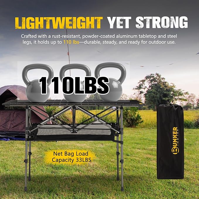 BUNKER INDUST Folding Camping Table, Outdoor Portable Roll-Top Aluminum Table with Carry Bag for Picnic,Beach,BBQ,Backyards, Adjustable Height