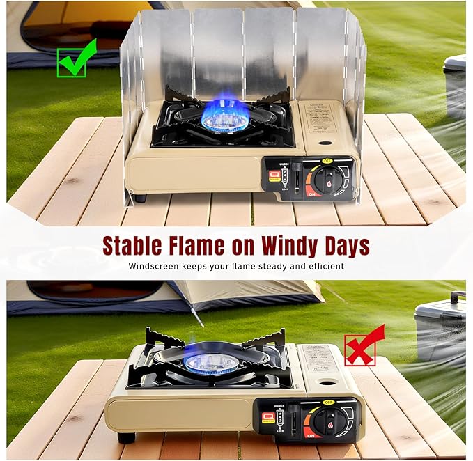 SHINESTAR Dual Fuel Camping Stove with Butane & Propane Compatibility, Portable Stove for Outdoor Cooking, Propane Adapter Hose, Wind Guard and Carrying Case Included, 7800 BTUs Output, Khaki