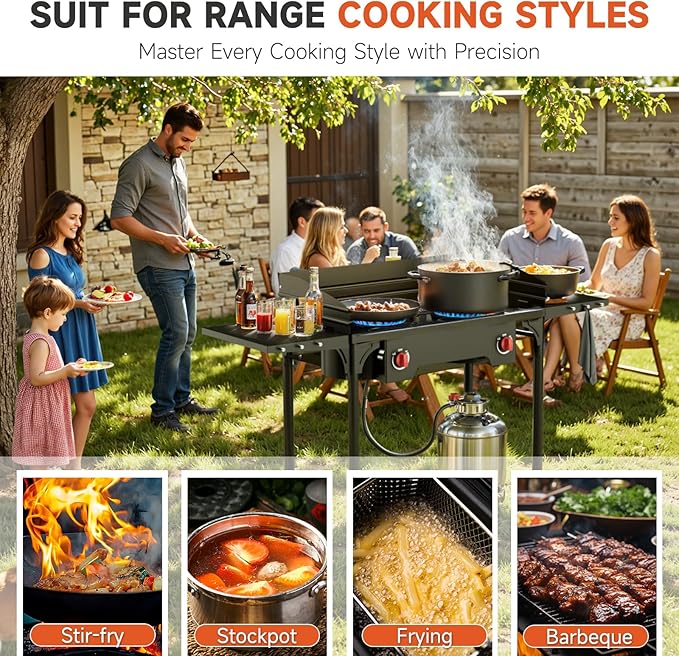 High Pressure Propane Stove, 2 Burner Outdoor Propane Burner with Windscreen ＆ Side Shelves, 150,000 BTU Gas Stove with 0-20 PSI Regulator for Camping, Backyard, Picnic, Outdoor Cooking