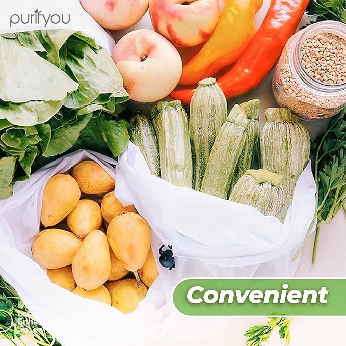 purifyou Set of 3 Premium Reusable Produce Bags, Washable Farmers Market Bags for Fruits, Vegetables, Groceries, Kitchen Storage, Home Storage, Toy Organizer, Lightweight Mesh Bags (12x14in)