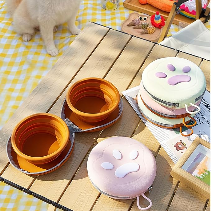 Bear Paw Foldable Pet Bowl, Dual Bowl Design for Food and Water,6.1in，Pink,Orange and Beige (Orange)