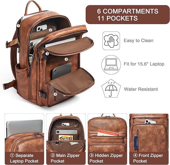 Travel Backpack for Women, Fits 17.0" Notebook, Stylish Lay-Flat Carry-on Vegan Leather Backpack with Luggage Strap for Travel and Daily Use