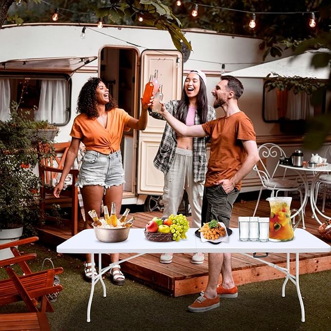 8 FT Folding Table with Carry Handle, Portable Fold-in-Half Plastic Table, Rectangle Foldable Table for Indoor/Outdoor White