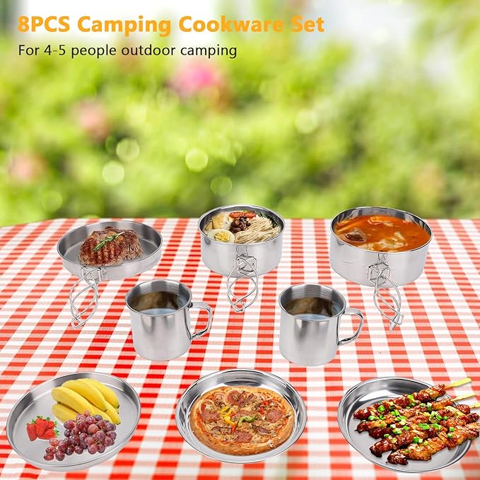 8PCS Stainless Steel Camping Cooking Set Cookware Mess Kit Cook Pots and Pan Set with Plates Cups, Lightweight Camping Cookware for Hiking Backpacking Outdoor Cooking and Picnic