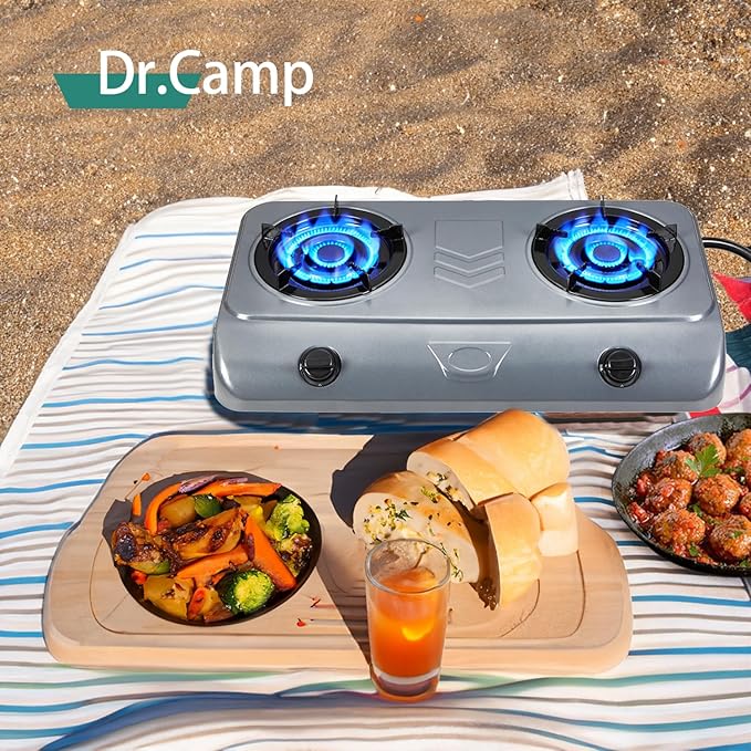 35000 BTU 2 Burner Propane Gas Stove Cooktop Outdoor Camping Stove Portable Double Burner for BBQ Boiling Frying Cooking Estufa de Gas Portátil Fogón de Gas