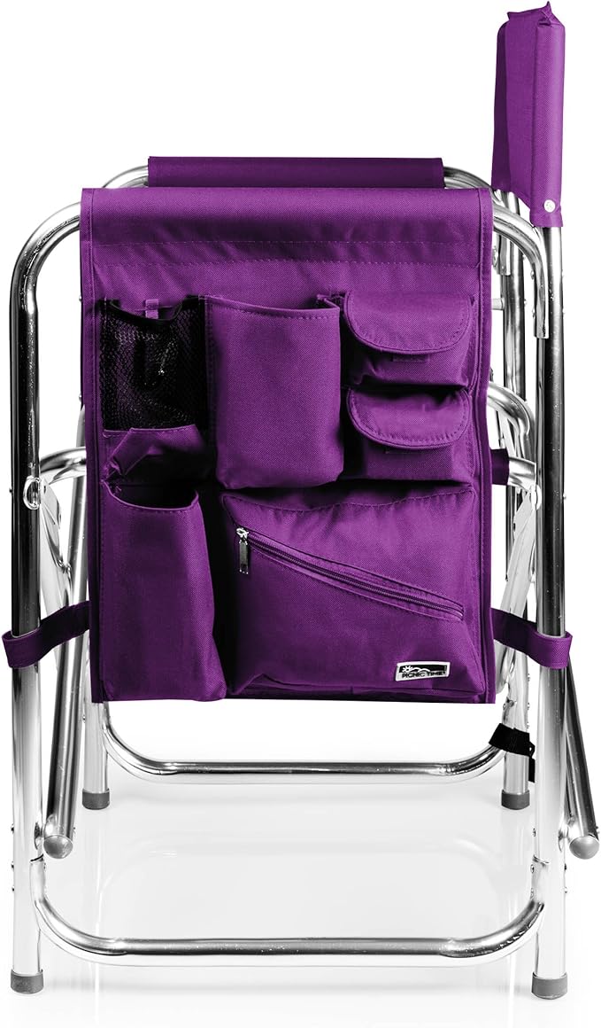 PICNIC TIME Sports Chair with Side Table, Outdoor Foldable Padded Adult Camping Chairs with Cup and Accessory Panel for Lawn, Beach, & Sports Use for Adults, up to 300-lbs Capacity, (Purple)