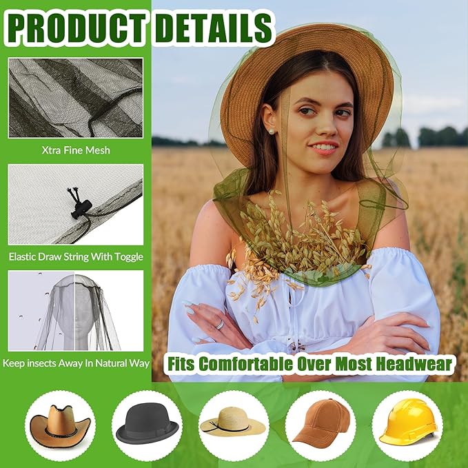 Hestya 2 Pack Mosquito Head Mesh Net Midge Insects Bugs Head Face Net Protecting for Outdoor Hiking Camping Climbing Walking(Army Green)