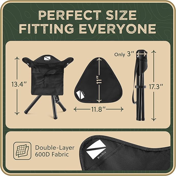 Foldable Tripod 13.4'' Stool - Ultra Portable Seat, Best for Youth+Pocket - 1 lb Camping Stool, 3 Legged Strong Steel Stool, Height: 13.4 inches (Black)
