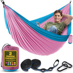 Durable Hammock 500 lb Capacity, Nylon Camping Hammock Chair - Double or Single Sizes w/Tree Straps and Attached Carry Bag - Portable for Travel/Backpacking/Beach/Backyard (Large, Fuchsia & Sky Blue)